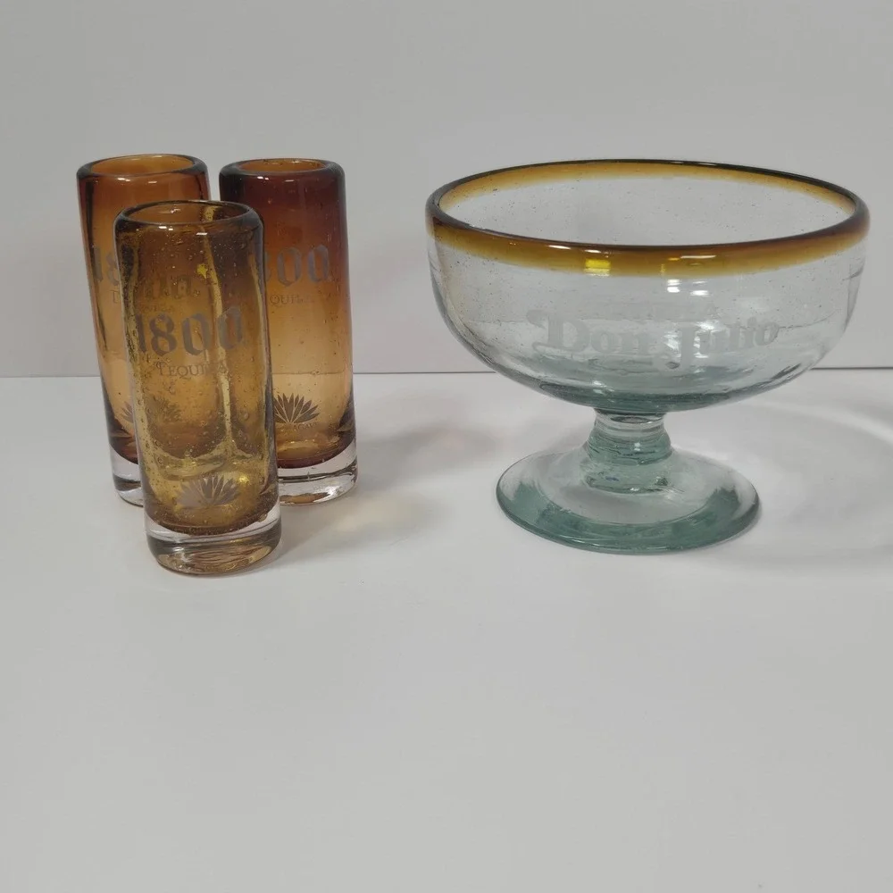 1800 Tequila‎ & Don Julio Glassware Set Amber Seeded Glass Shot & Mar Glasses